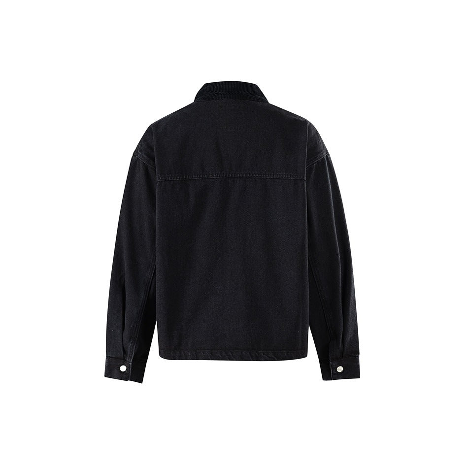 Back view of black washed denim jacket with ribbed collar, yoke seam and buttoned cuffs