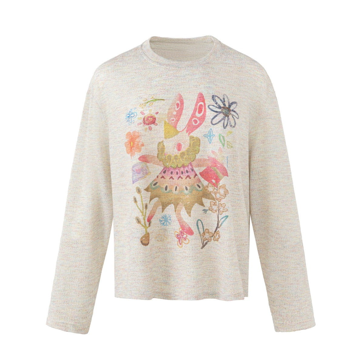 Cream long-sleeve crew-neck top with colorful hand-painted rabbit and flower print, flat lay front view