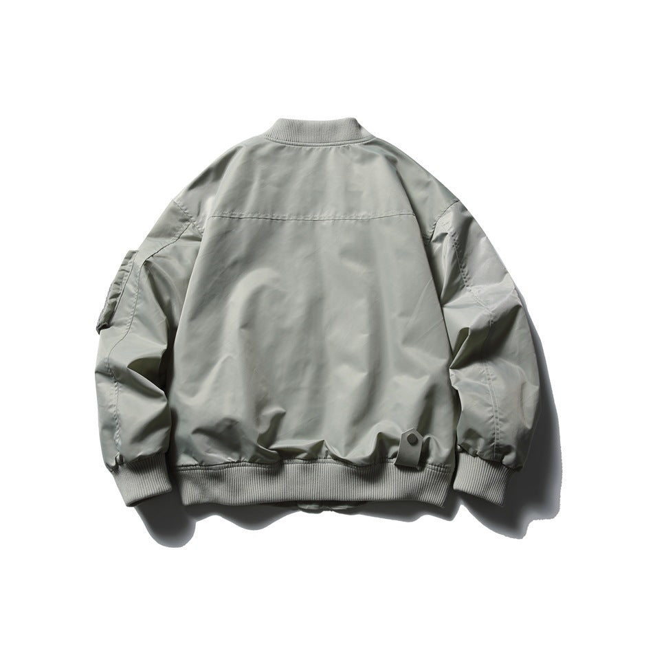 Back view of a pale gray bomber jacket with ribbed collar, cuffs, and hem.