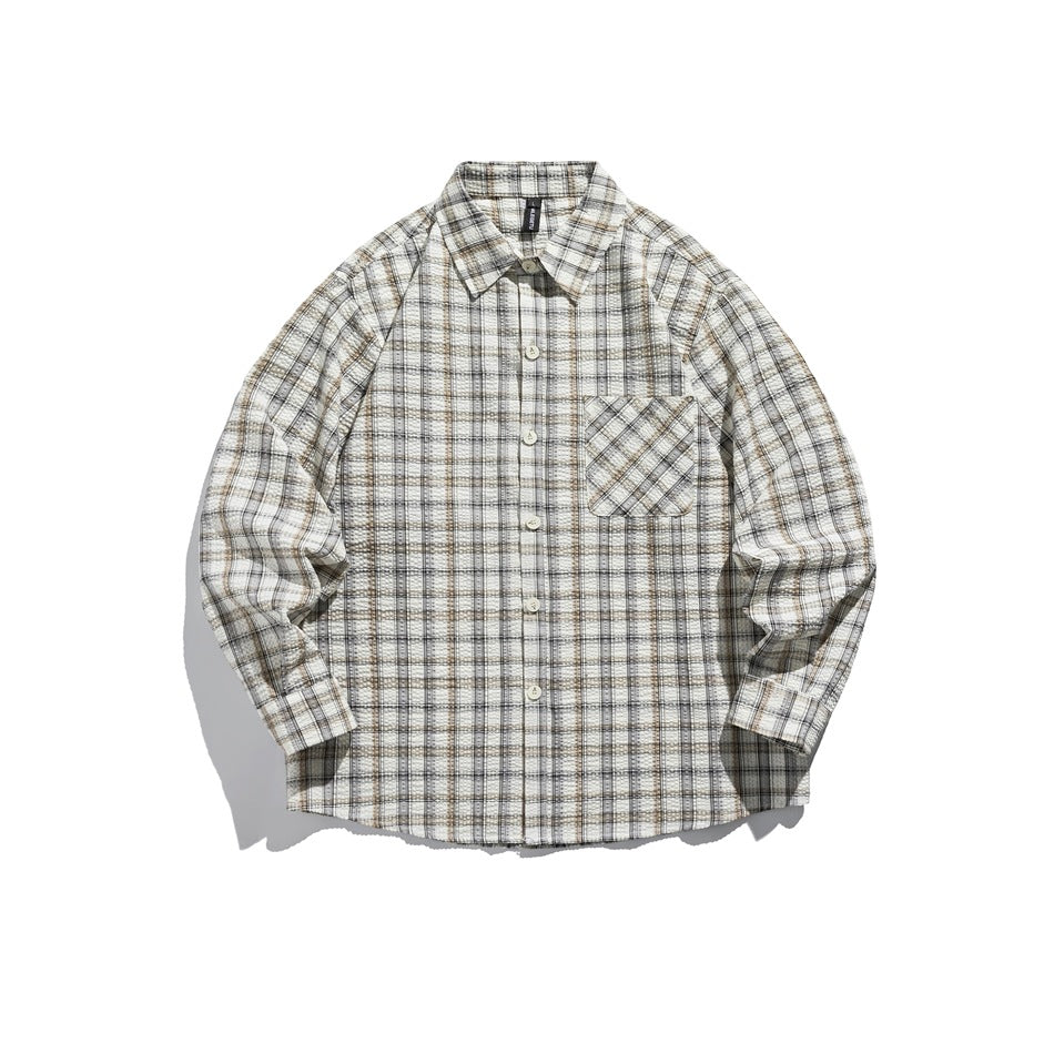 White, gray and brown plaid long-sleeve button-up shirt, flat lay front view with chest pocket