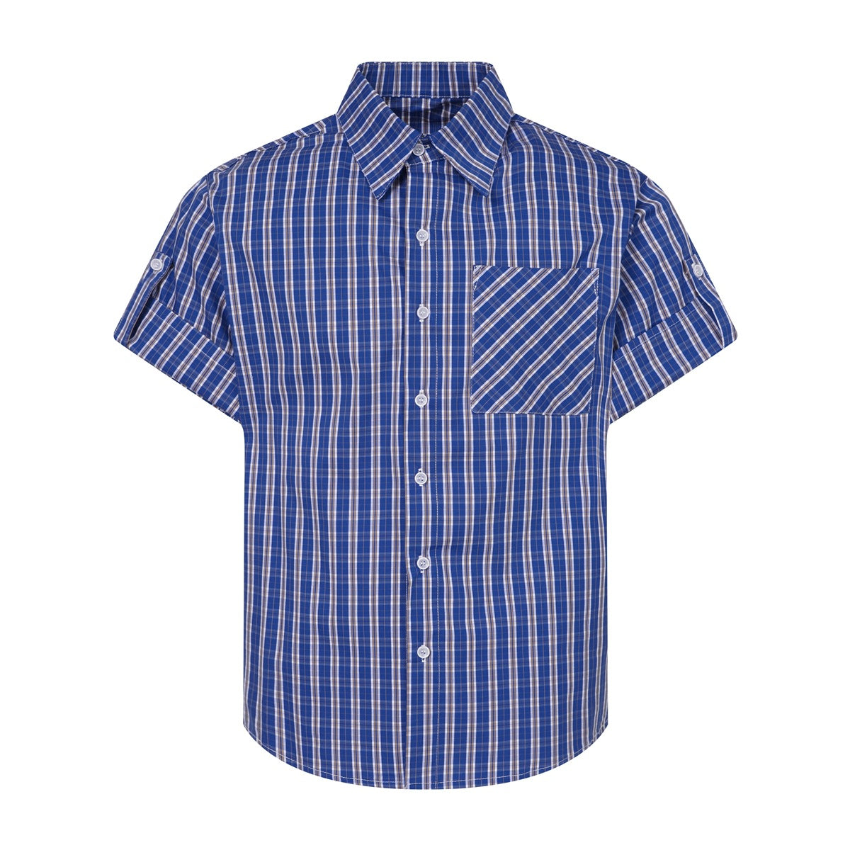 Royal blue plaid short-sleeve button-up shirt with chest pocket and roll-up sleeve tabs, front flat view