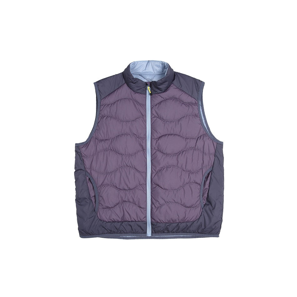 Dark purple quilted zip vest with gray side panels, light blue-gray zipper and stand collar, flat lay
