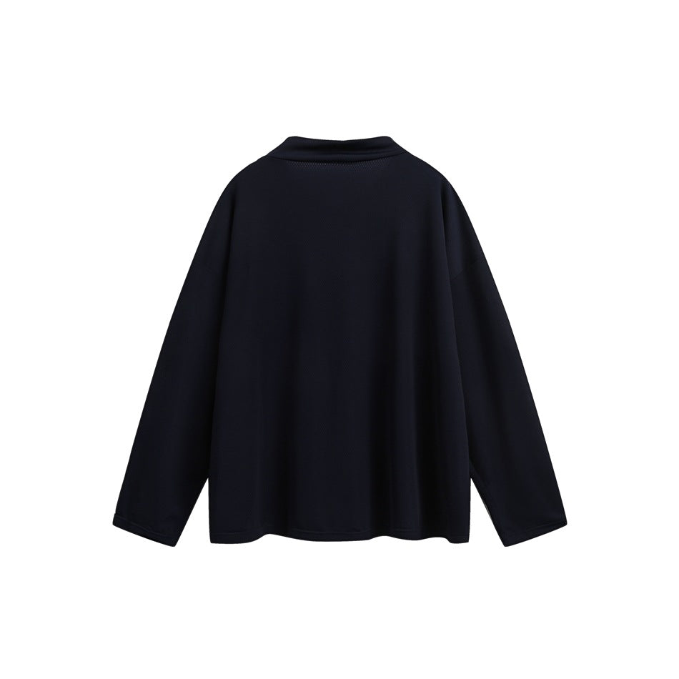 Plain dark navy long-sleeve jersey shown from the back, with a short stand collar and straight hem.