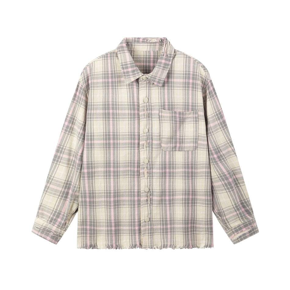 Pink and gray plaid long-sleeve button shirt with chest pocket and frayed hem on a white background