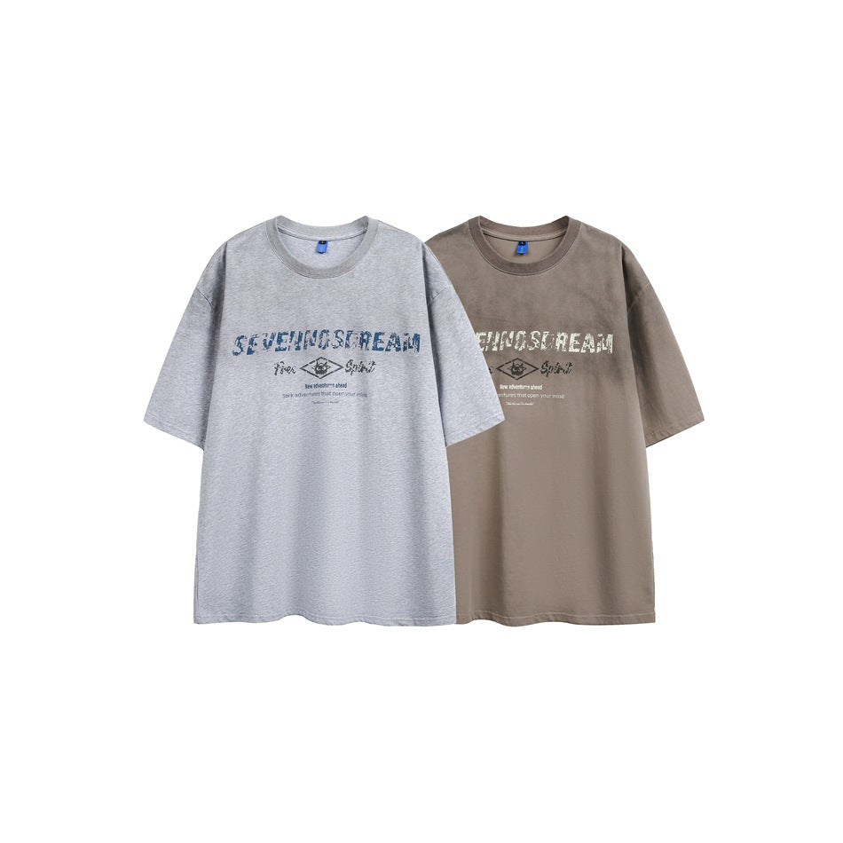 Front view of light gray and taupe short-sleeve graphic T-shirts shown together.