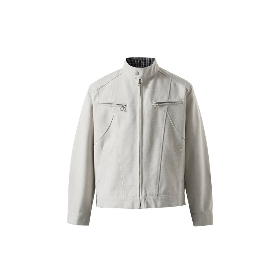 Beige stand-collar zip jacket, front view, with diagonal chest zip pockets and grid-check inner collar