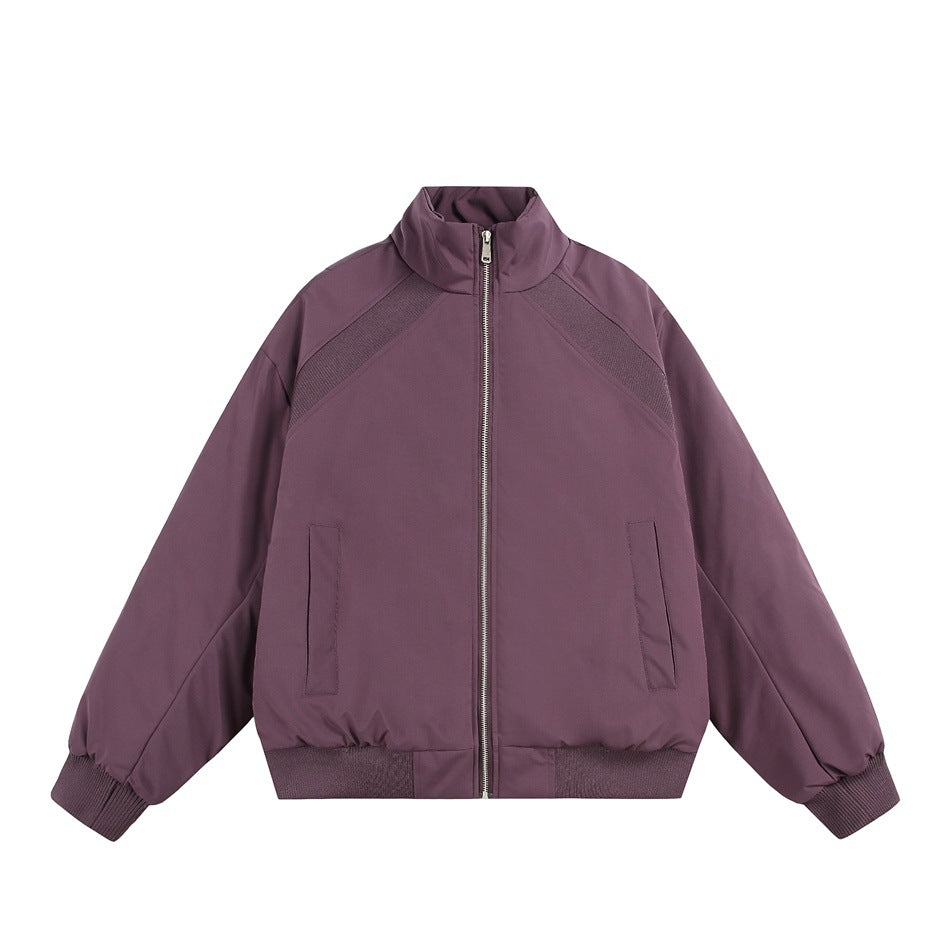 Purple stand-collar zip jacket with ribbed shoulder panels, cuffs and hem, front view on white background