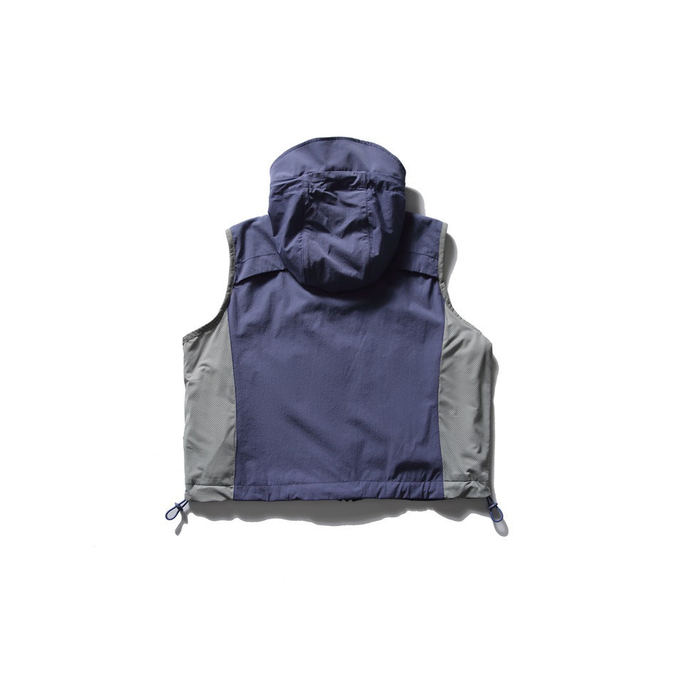 Back view of a navy sleeveless hooded vest with gray side panels and adjustable cords at the hem.