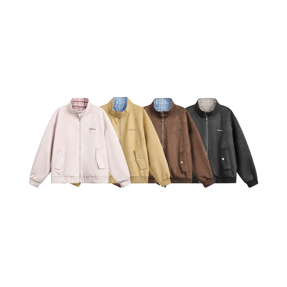 Four zip-front jackets in blush, tan, brown, and charcoal, with plaid collar linings and flap pockets.