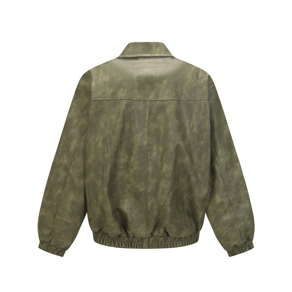 Back view of an olive green mottled jacket with a raised collar, long sleeves, and gathered hem and cuffs.