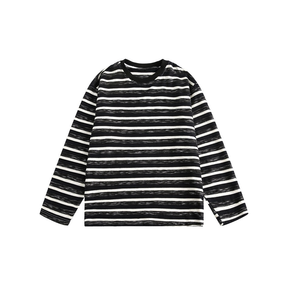 Black and white striped long-sleeve crew-neck top, flat lay front view