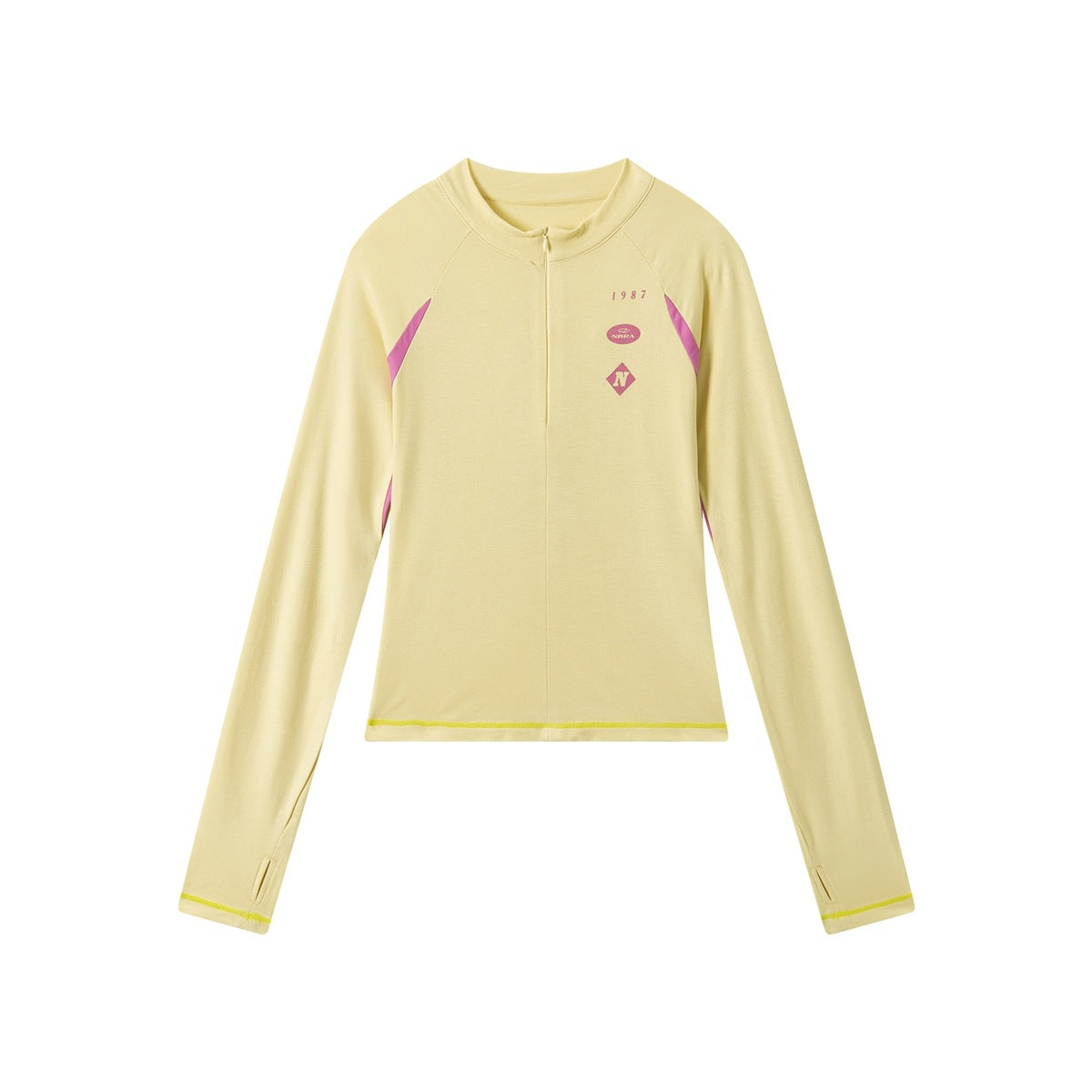 Front of pale yellow half-zip long-sleeve top with pink side panels, thumb holes and yellow-green stitching