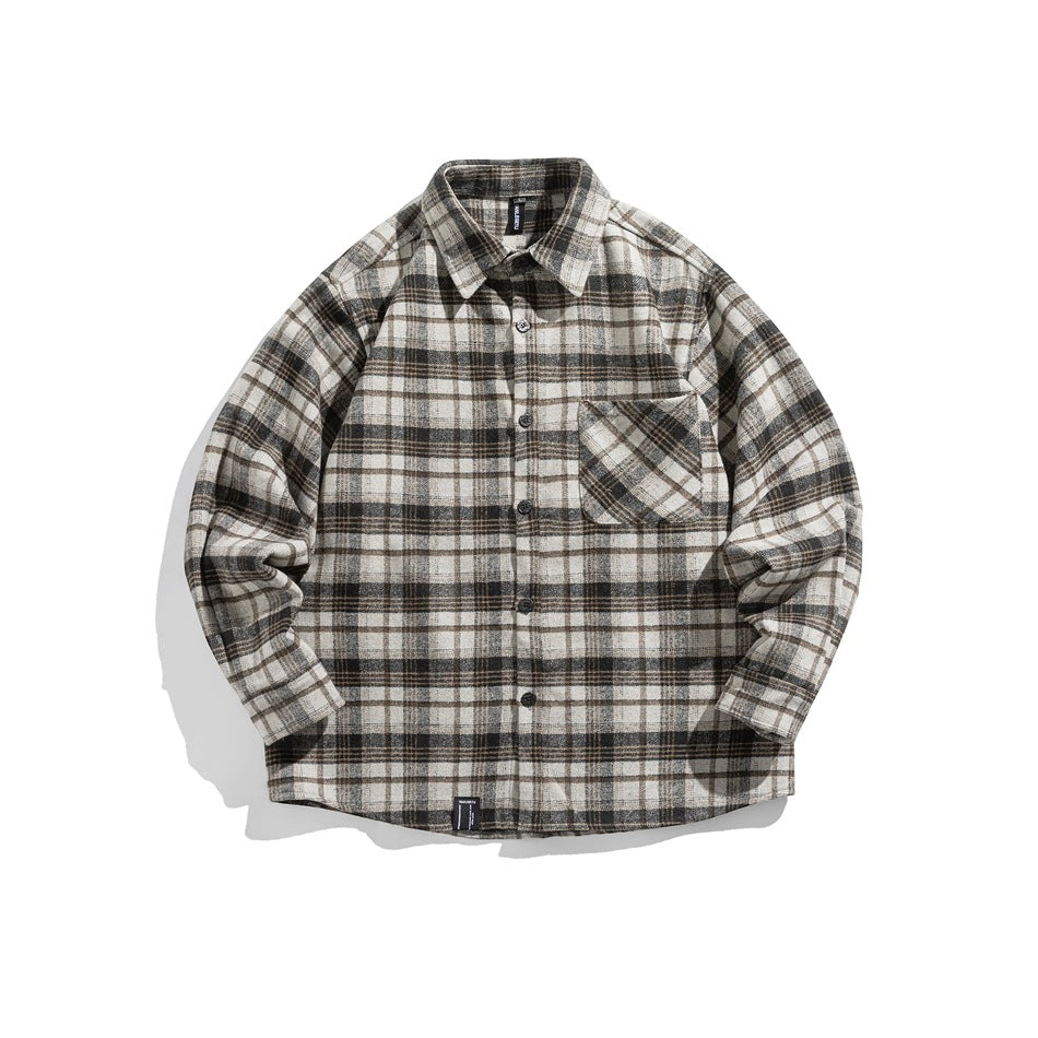 Front of a cream, black, gray and brown plaid long-sleeve button-up shirt with a chest pocket