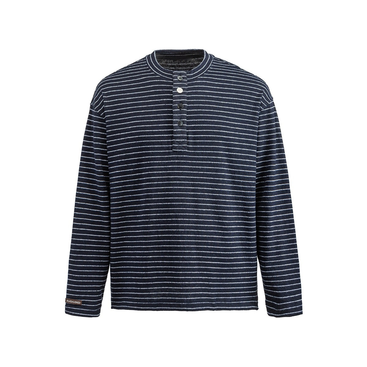 Navy blue striped long-sleeve Henley top with white stripes and button placket, front view
