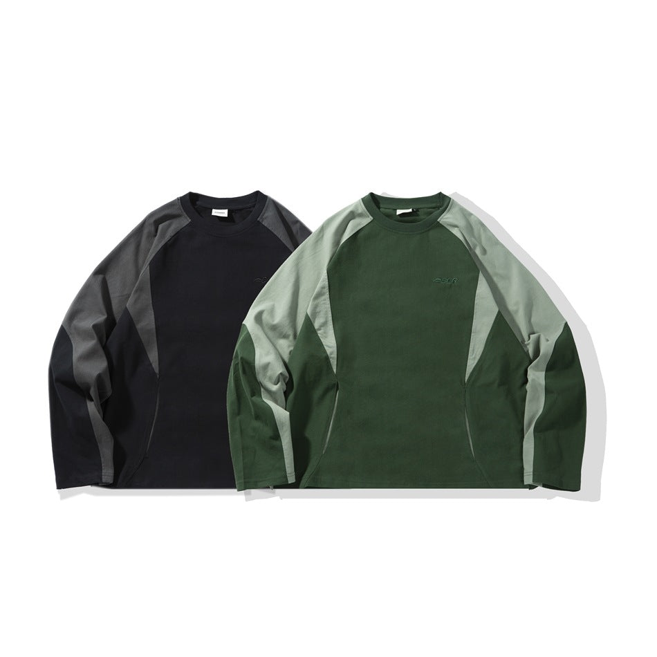 Two raglan sweatshirts displayed side by side: black with charcoal panels and forest green with pale gray panels.