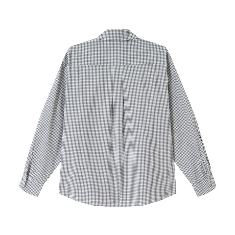Back view of a gray-and-white checked long-sleeve shirt with a center pleat and curved hem on a white background.