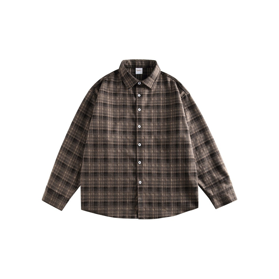 Brown and black plaid long-sleeve button-up shirt laid flat, front view with white buttons