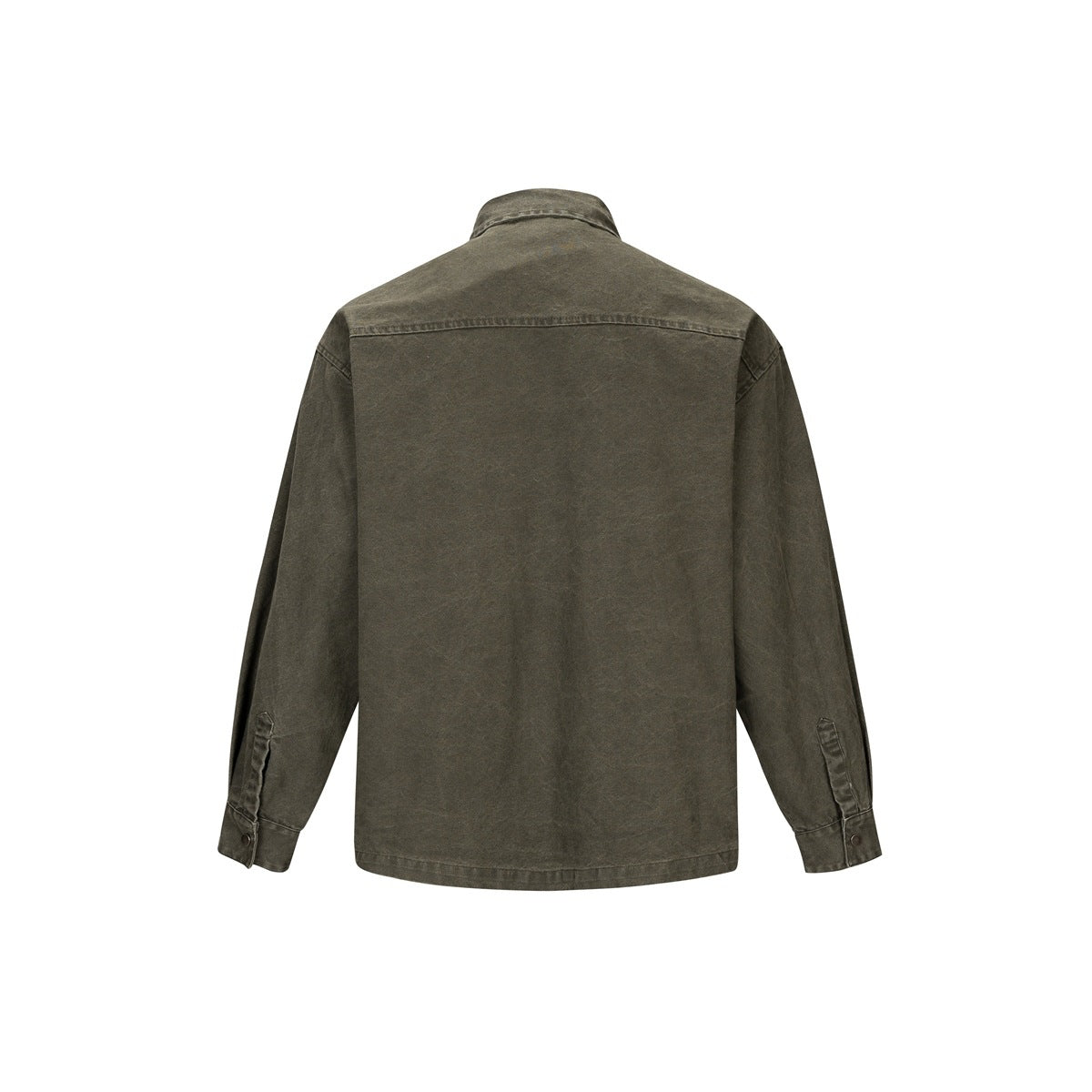 Back view of an olive-gray long-sleeve button-front shirt with a yoke seam and snap cuffs.