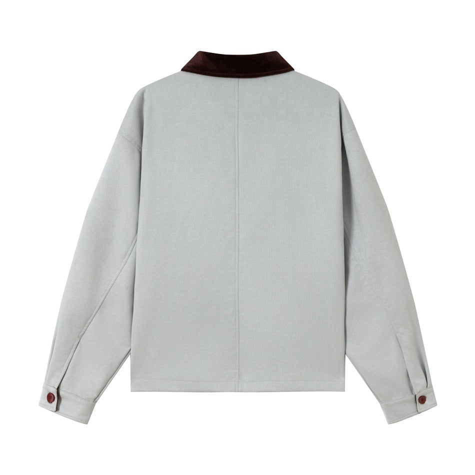 Back view of a light gray jacket with a dark brown collar and buttoned cuffs, shown flat against a white background.