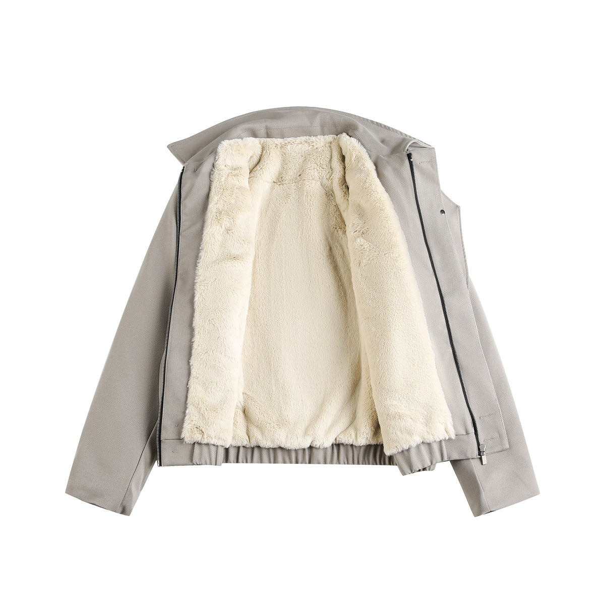 Open gray jacket laid flat, showing a full cream plush lining, front zipper, and long sleeves.