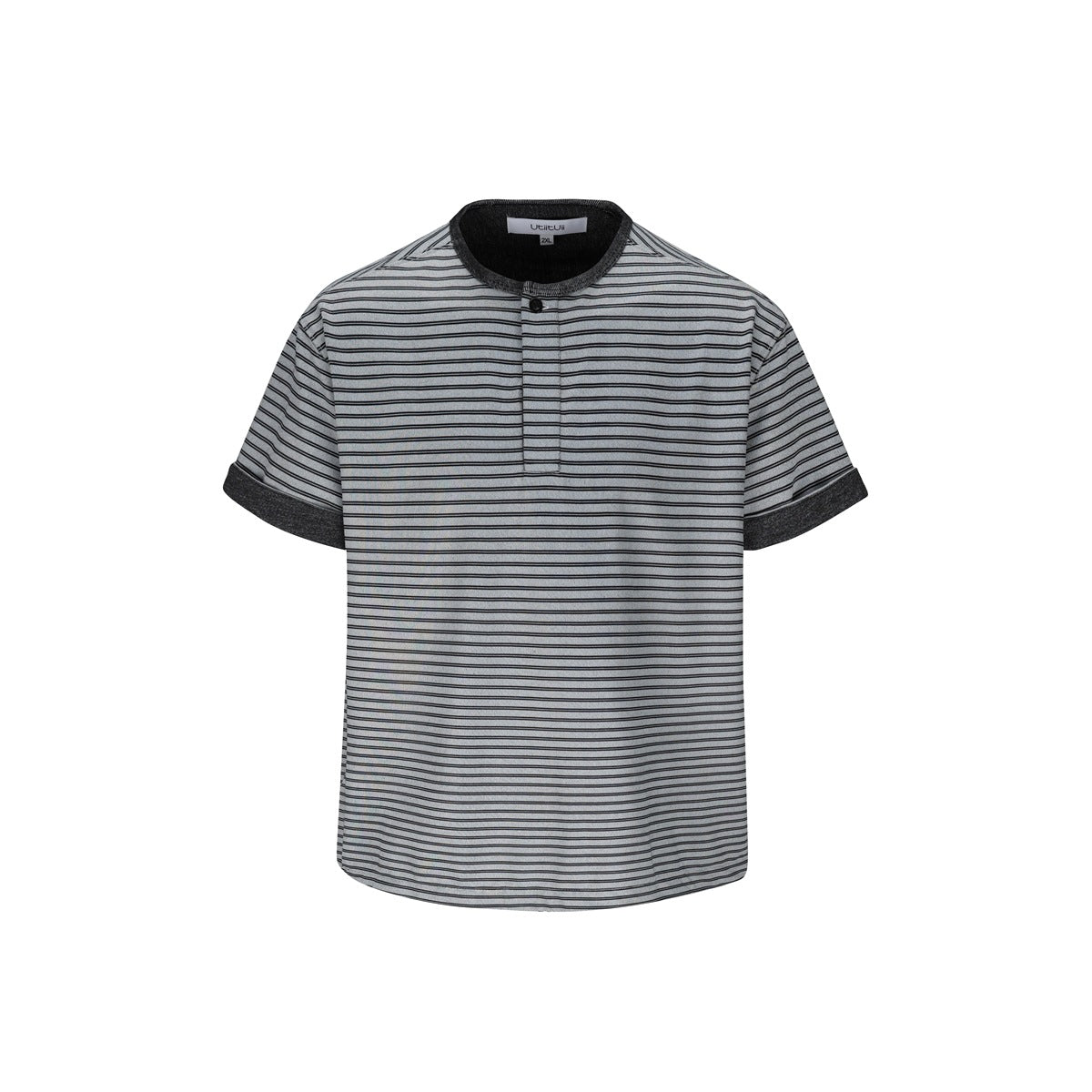 Front flat view of gray and black striped short-sleeve Henley tee with one-button placket and dark collar