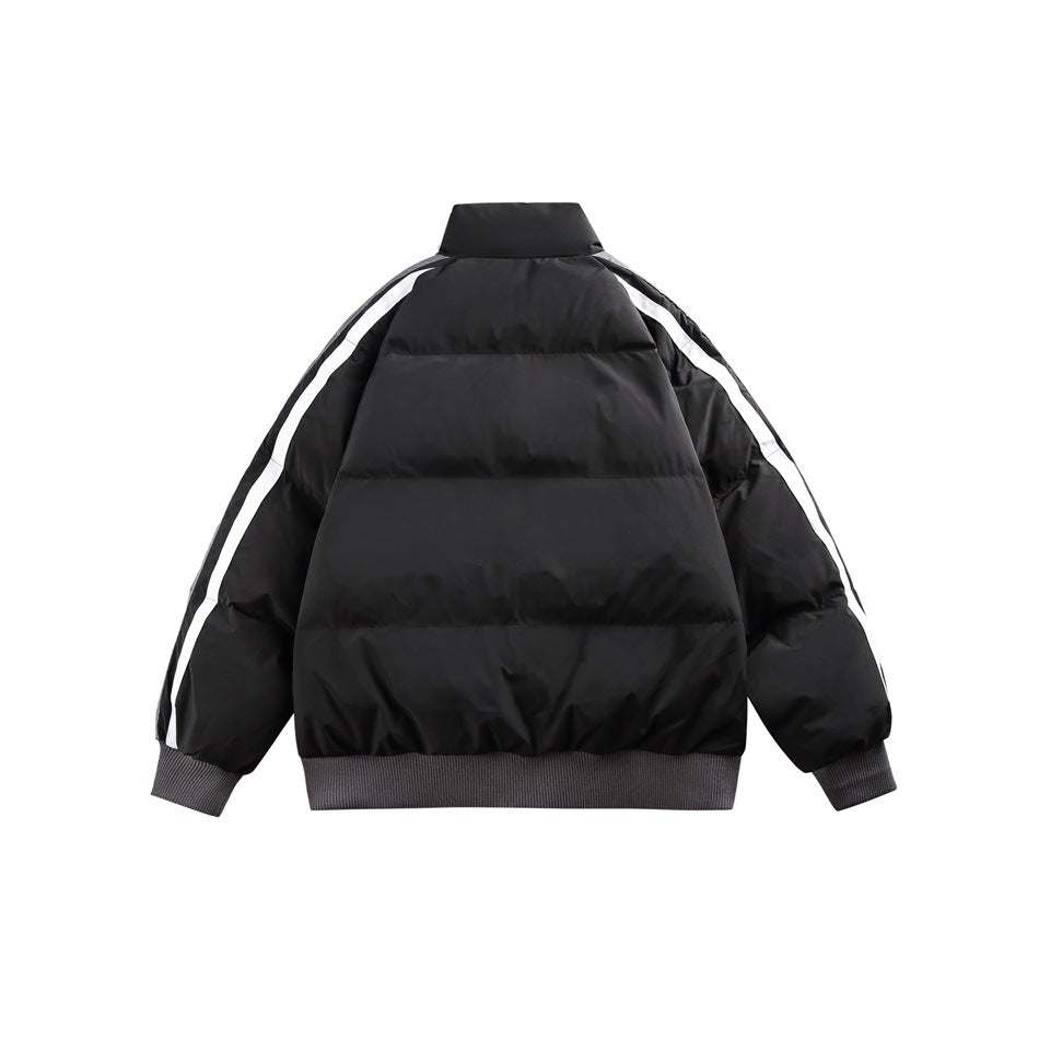 Back view of a black padded jacket with horizontal quilting, white sleeve stripes, and dark ribbed cuffs and hem.