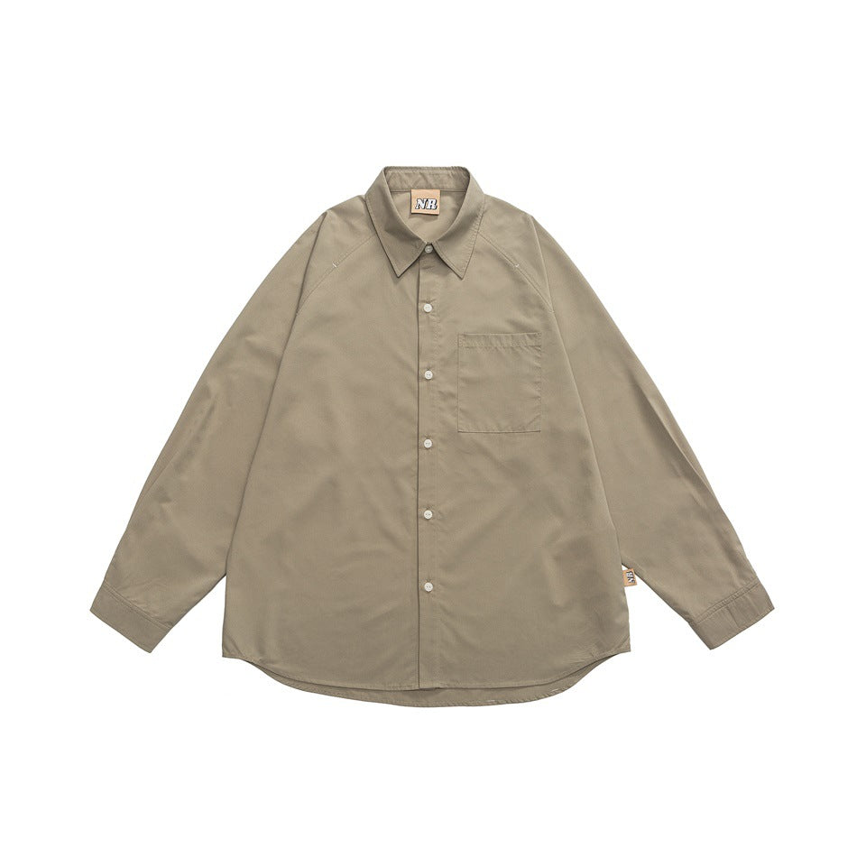 Grey-green long-sleeve button-up shirt flat lay, front view, with chest pocket and pointed collar