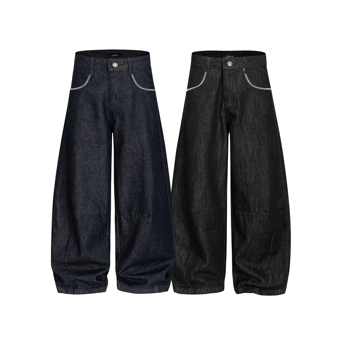 Two pairs of wide-leg jeans shown from the front in dark indigo and near-black, with white-stitched pockets and gathered