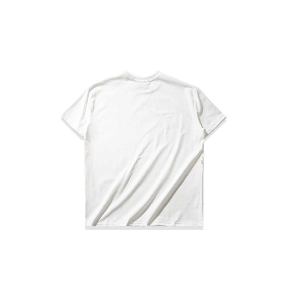 Front view of a plain white short-sleeve crew-neck T-shirt laid flat on a white background.