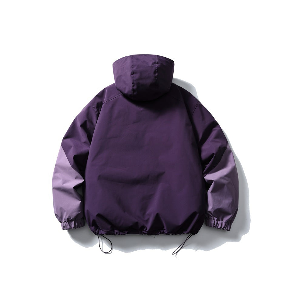 Back view of a deep purple hooded jacket with elastic cuffs and adjustable drawcord hem.