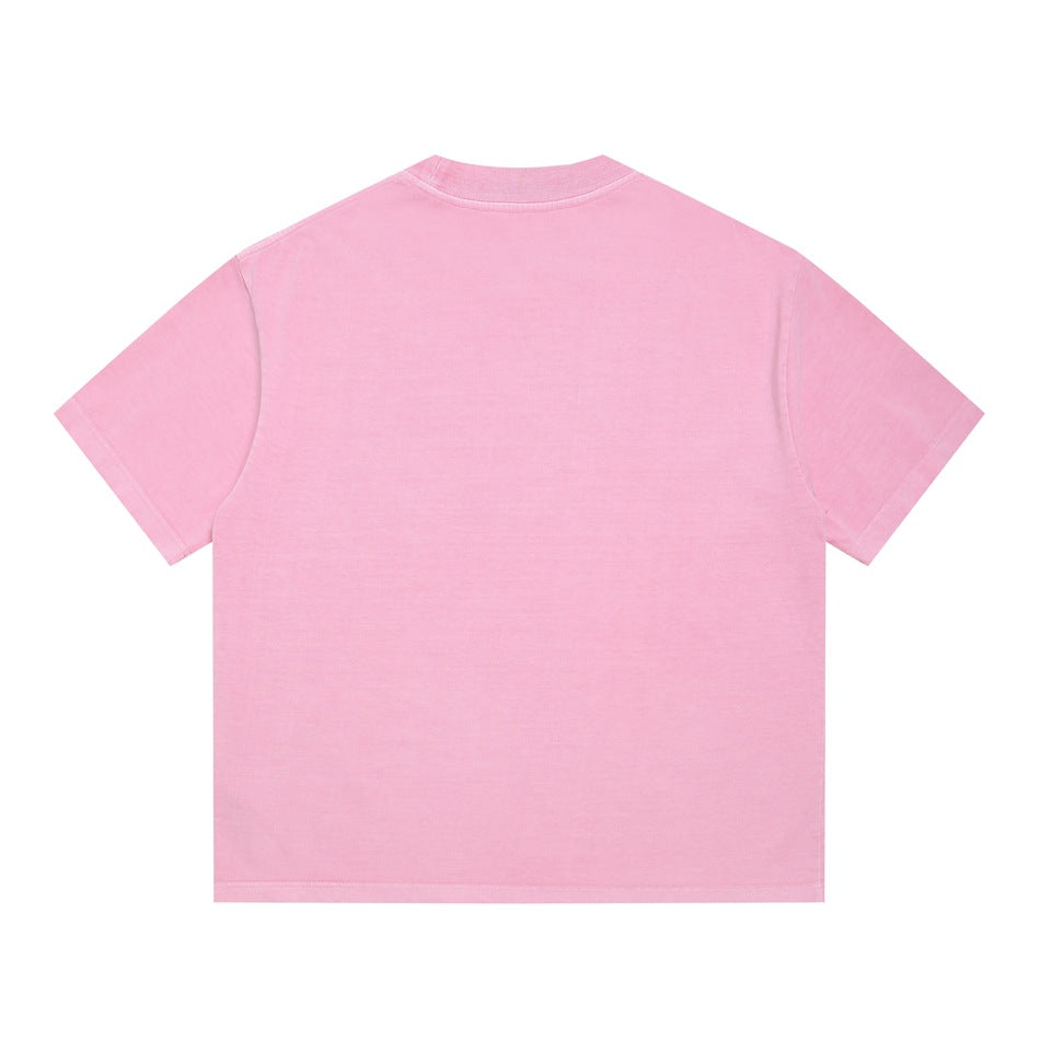Pink washed short-sleeve T-shirt, flat back view on white background