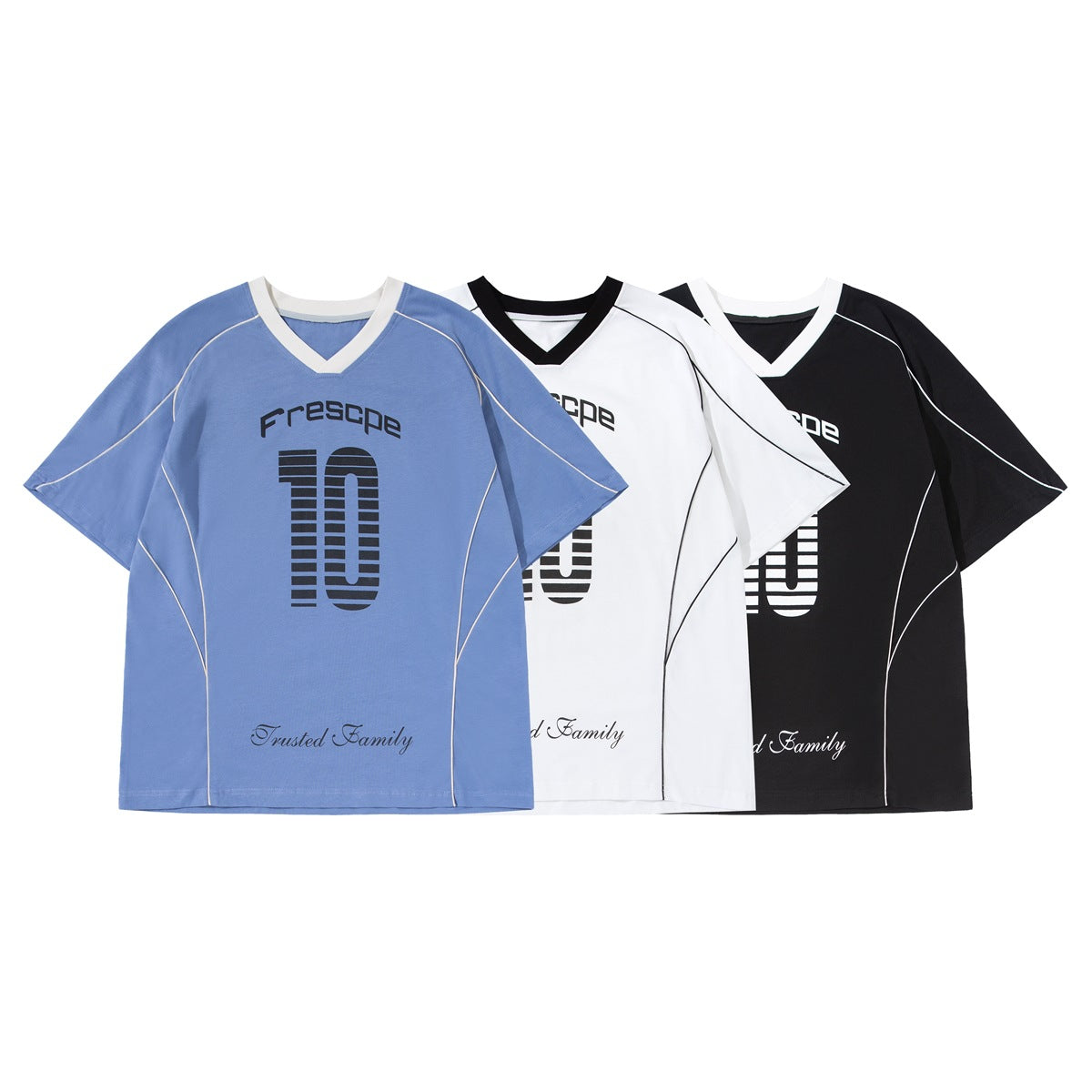 Three short-sleeve V-neck graphic T-shirts shown together in blue, white, and black.