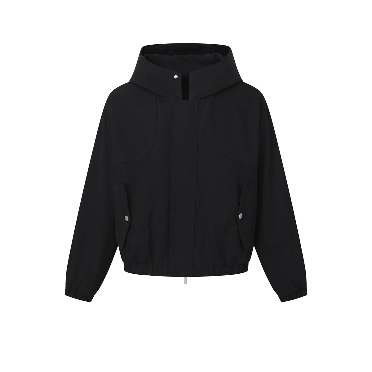 Black hooded zip-front jacket with snap flap waist pockets and elastic cuffs and hem, flat front view