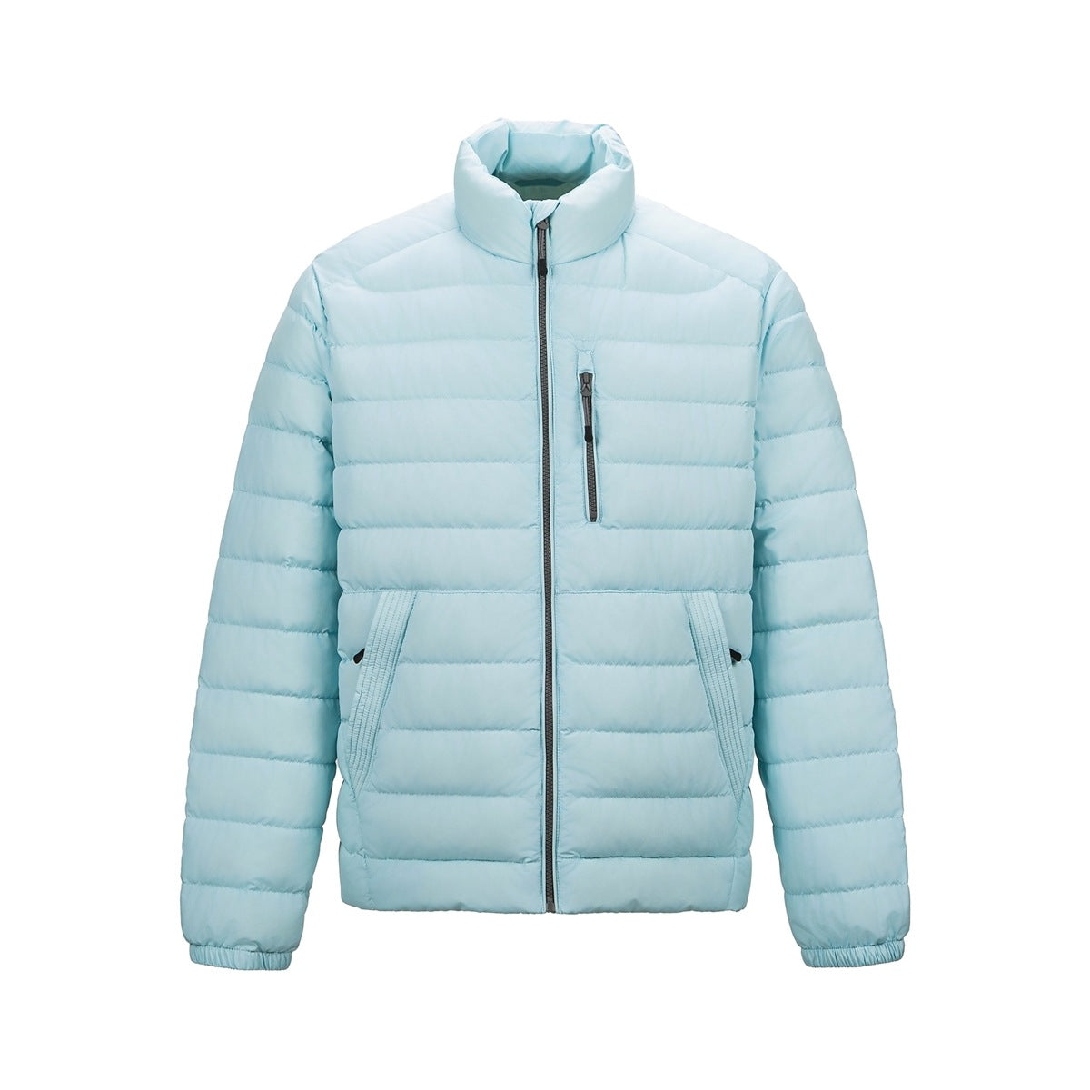 Light blue quilted stand-collar jacket with dark gray zipper and chest pocket, front view on white