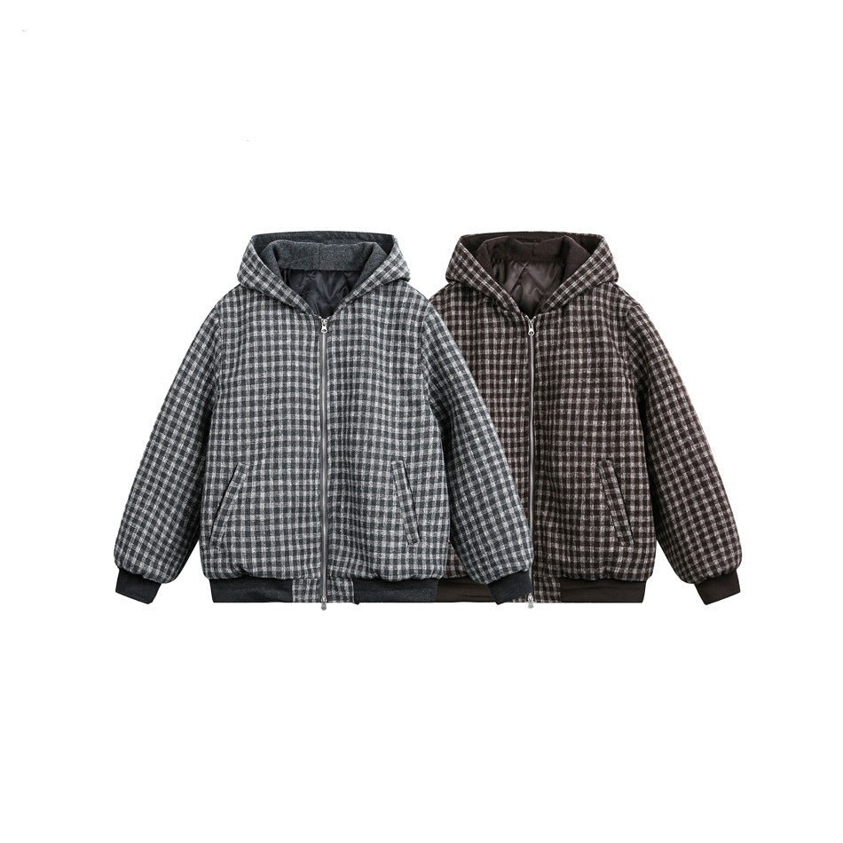 Two hooded zip jackets displayed side by side in gray and brown check, with dark ribbed trim.