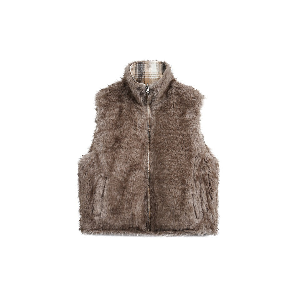 Front view of a brown faux-fur vest with a full-length zipper, stand collar, and two front pockets.