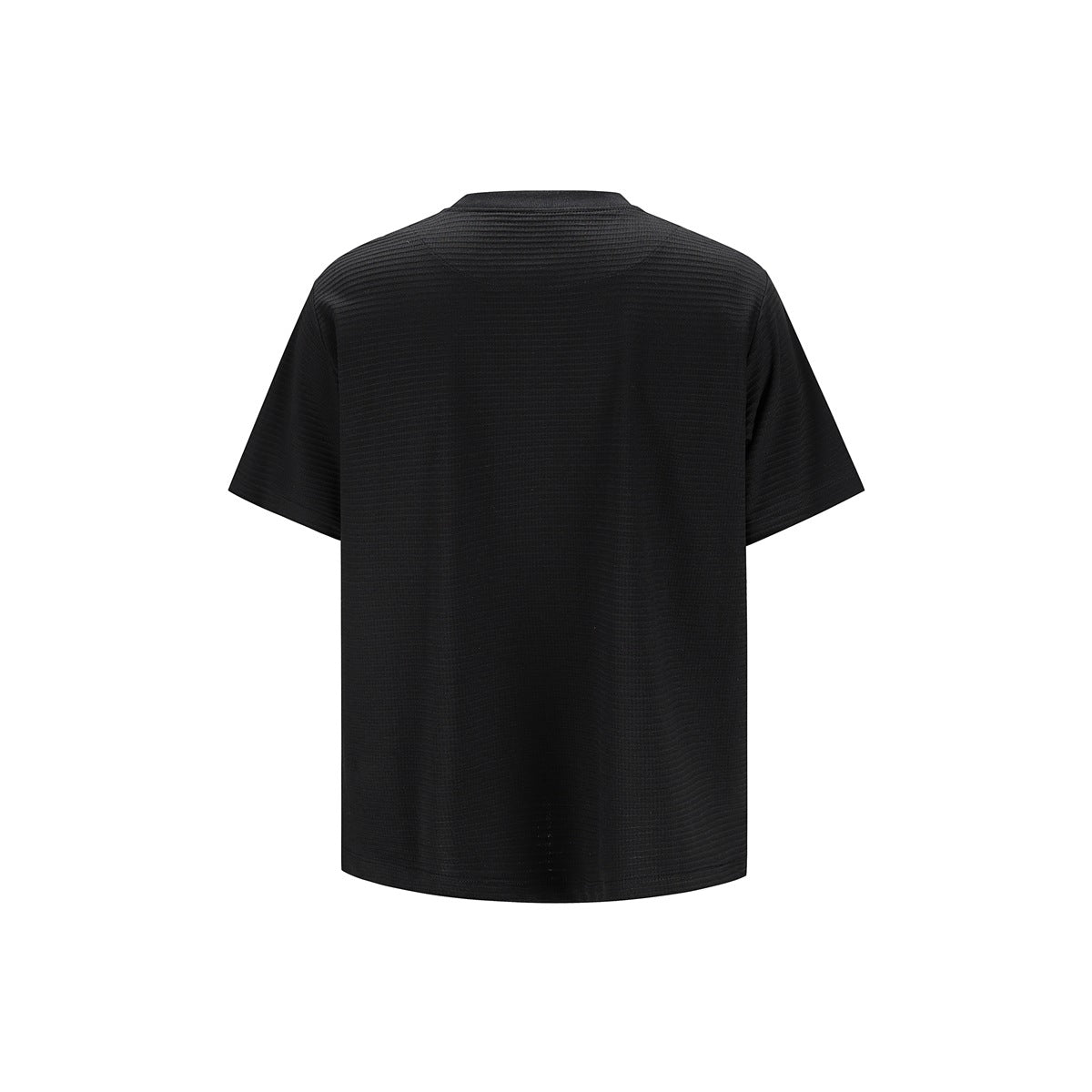 Back view of a plain black short-sleeve shirt with a subtle horizontal texture.
