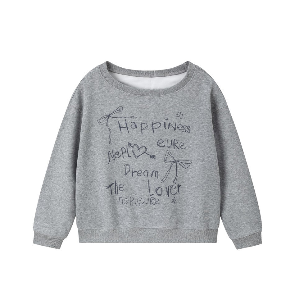 Heather gray crewneck sweatshirt with dark hand-drawn bow and lettering graphic on the front, ribbed trim