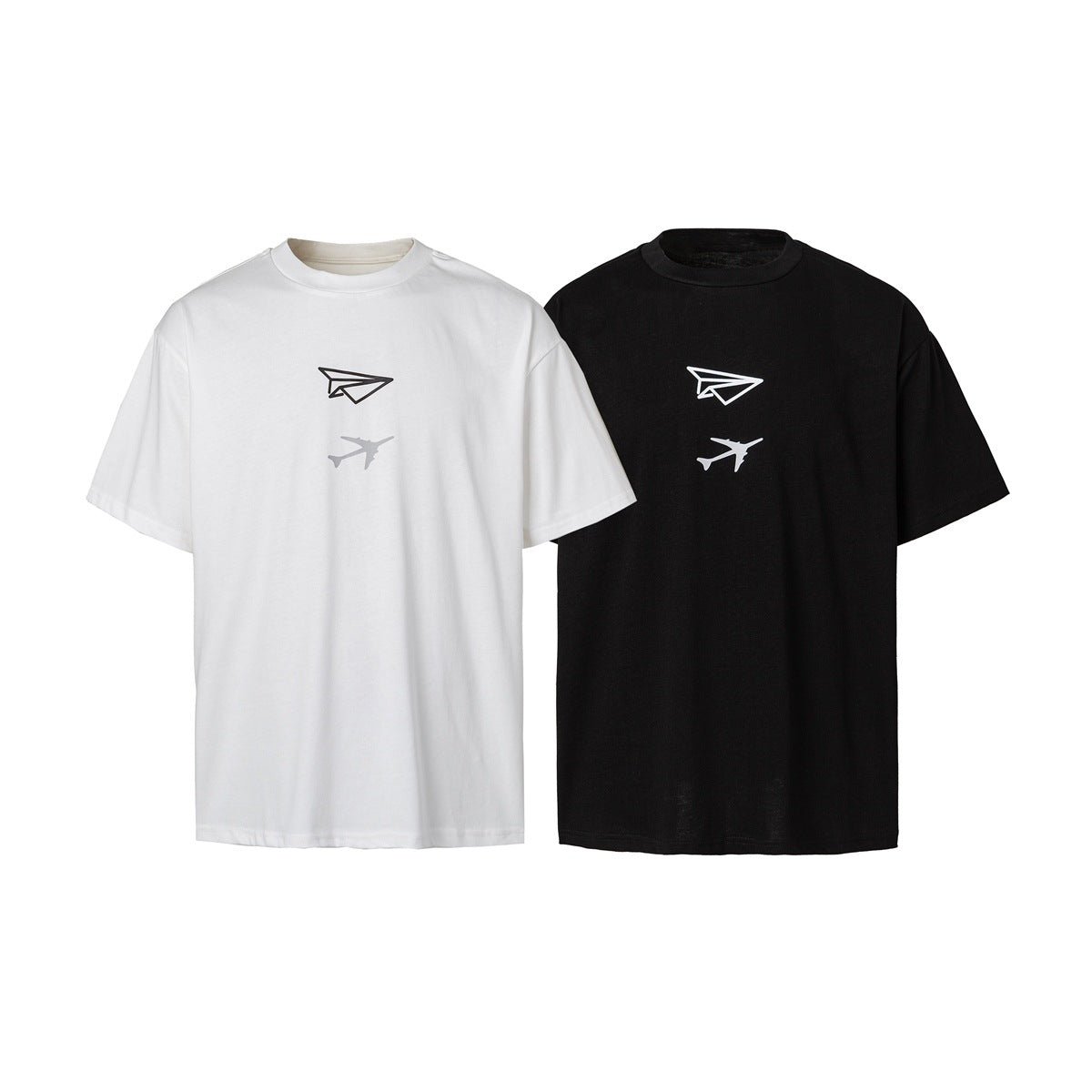 White and black short-sleeve crew-neck T-shirts with small paper-airplane and airplane graphics on the chest.