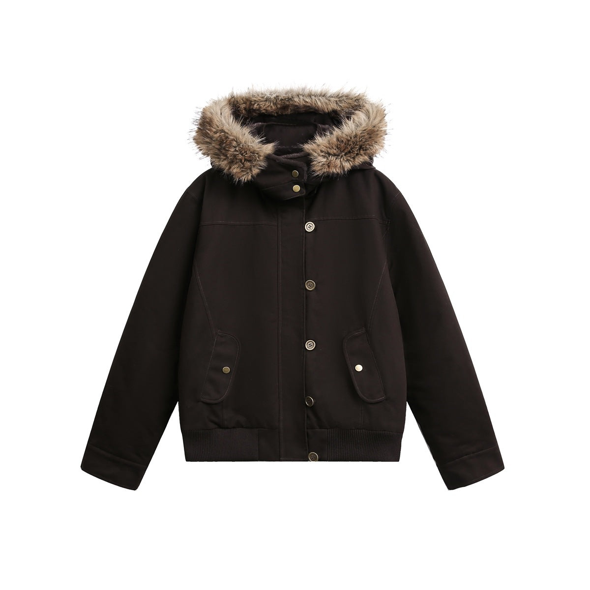 Dark brown hooded short jacket with faux-fur trim, gold buttons, flap pockets and ribbed hem, flat lay front view