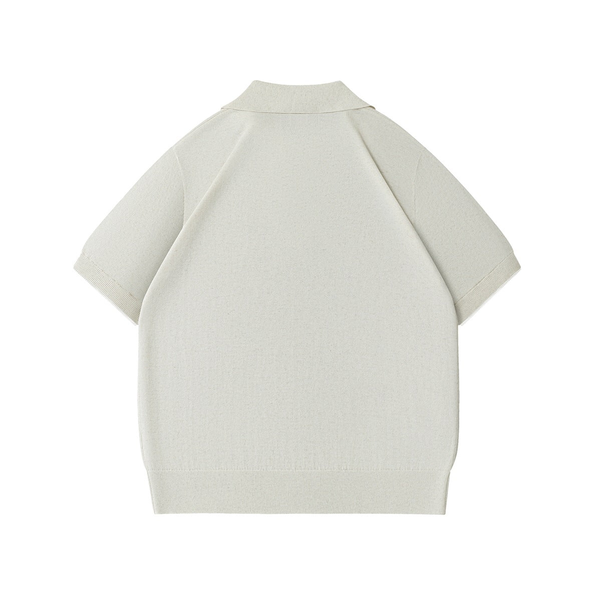 Back view of an ivory short-sleeve collared knit shirt with ribbed sleeve cuffs and hem.