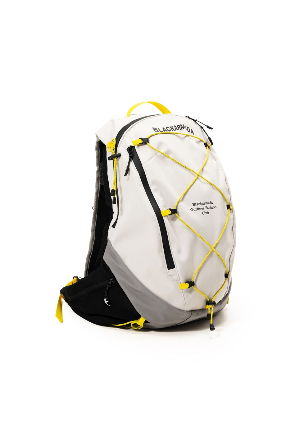 White and black backpack with bright yellow bungee cord, front zip pocket, and black mesh side panels.