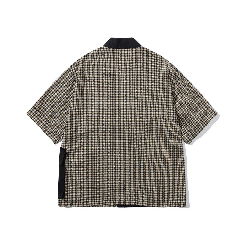 Back view of black and beige checked short-sleeve kimono-style jacket with black collar and side pocket