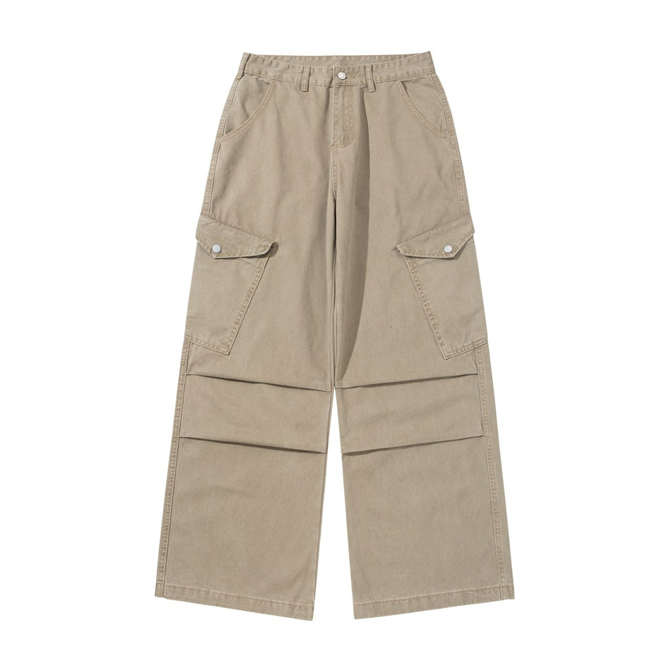 Khaki wide-leg cargo pants with snap-flap side pockets and knee pleats, front flat lay
