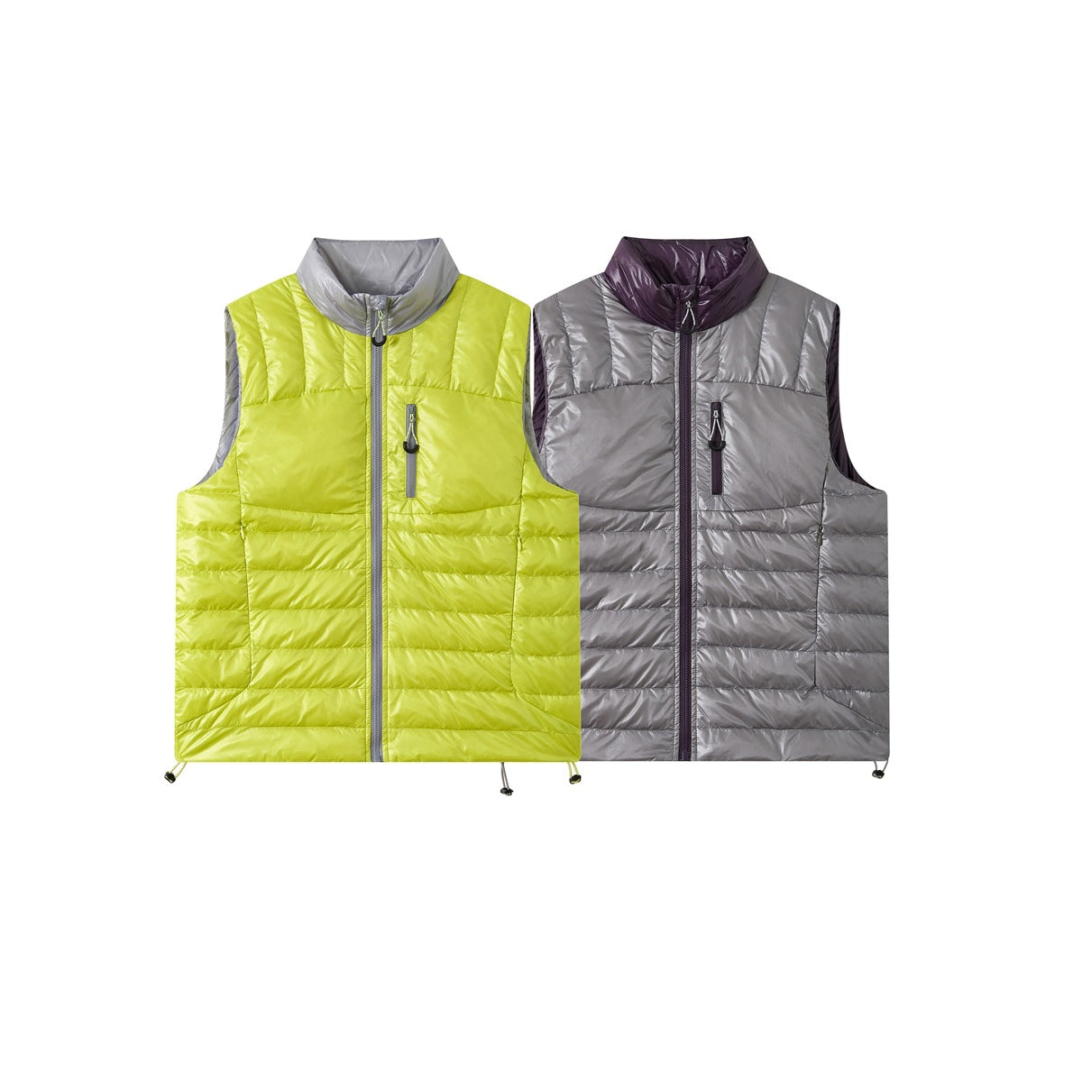 Two front views of a sleeveless quilted vest: lime yellow with a gray collar, and gray with a dark plum collar.