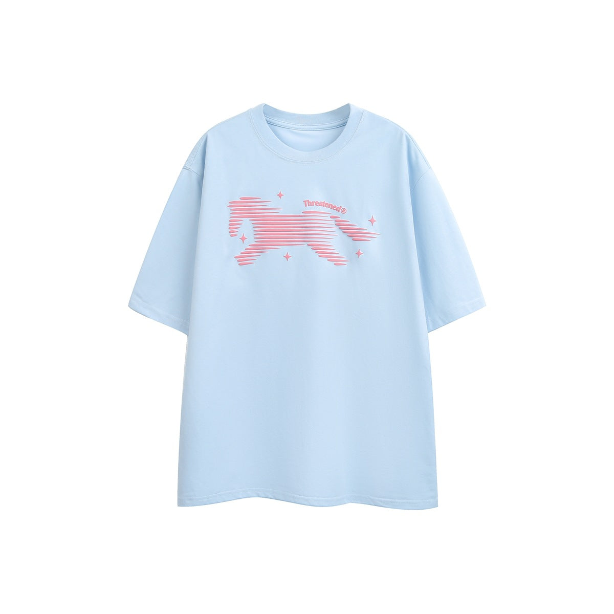 Light blue short-sleeve crewneck T-shirt with pink striped horse graphic and stars on the chest