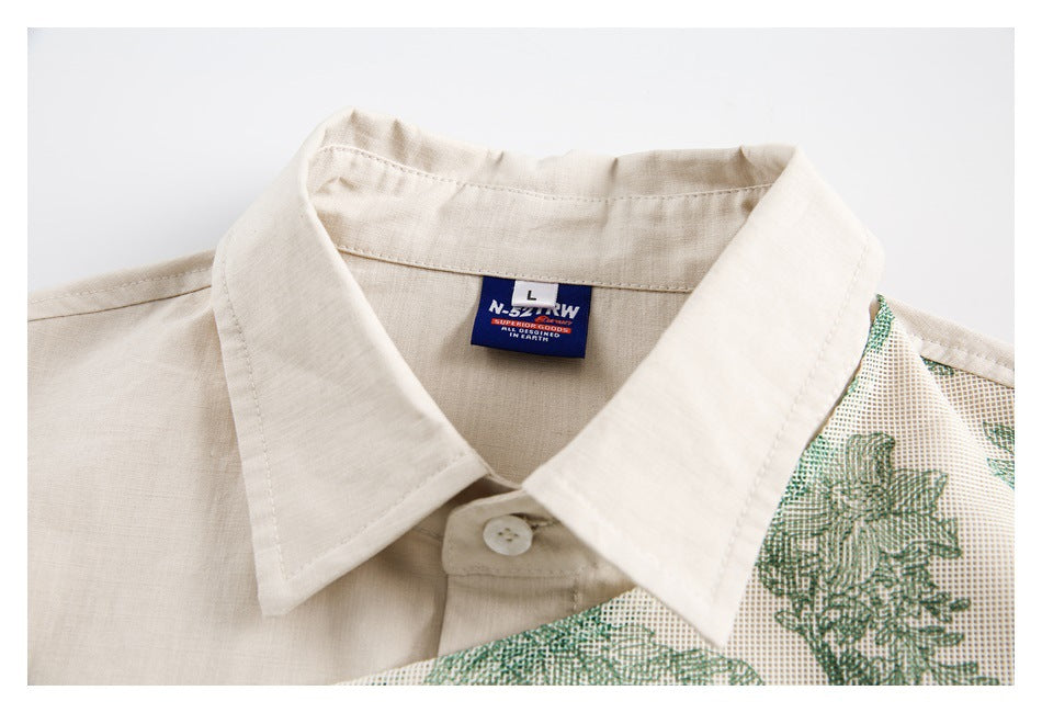 Cream shirt collar and size label beside a green floral-patterned panel.