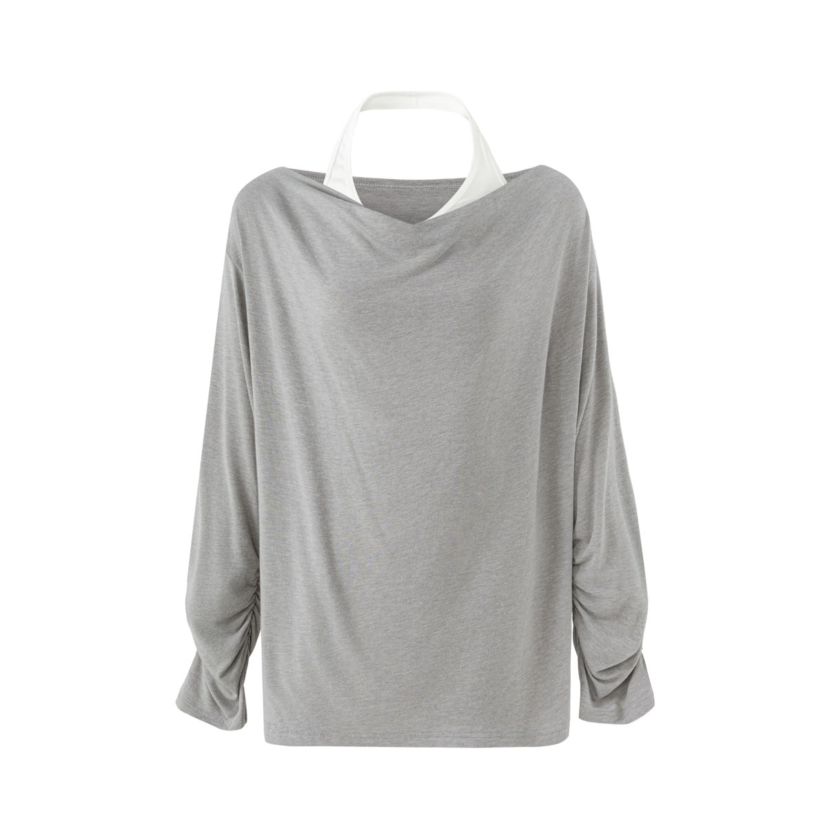 Front view of a light gray loose long-sleeve top with a wide draped neckline and gathered sleeves; white straps show behind