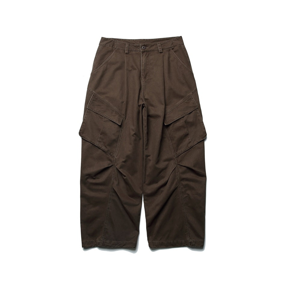 Coffee brown wide-leg cargo pants with side flap pockets and a button waist, flat lay front view