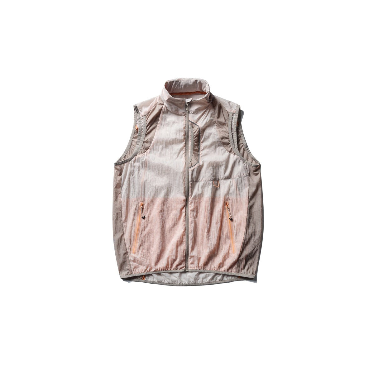 Front view of a pale blush sleeveless vest with a high collar, gray trim, and orange zipper details.